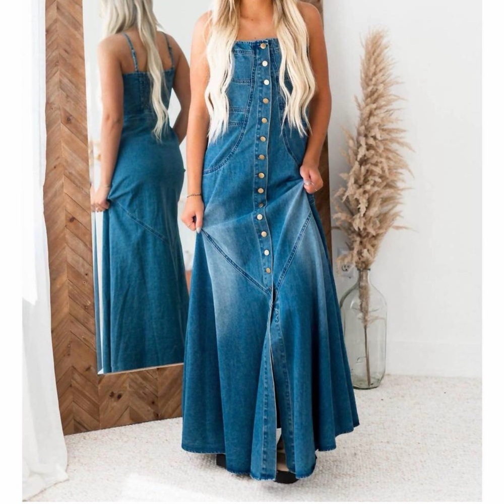 Denim Button-Front Maxi Dress - Blue